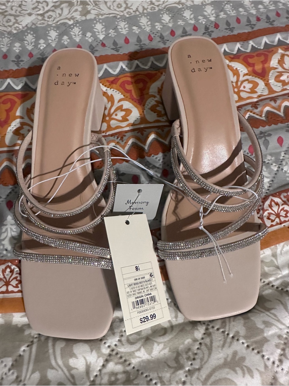 a new day Blush Rhinestone Strappy Block Heel Sandals